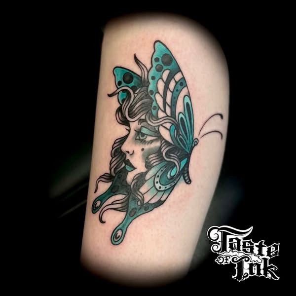 Color neo-traditional butterfly and woman's face tattoo by Clayton