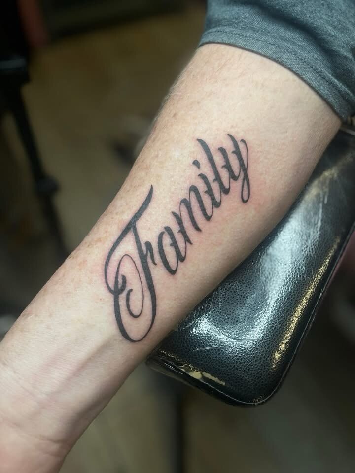 Fine line script lettering tattoo by Elleneese