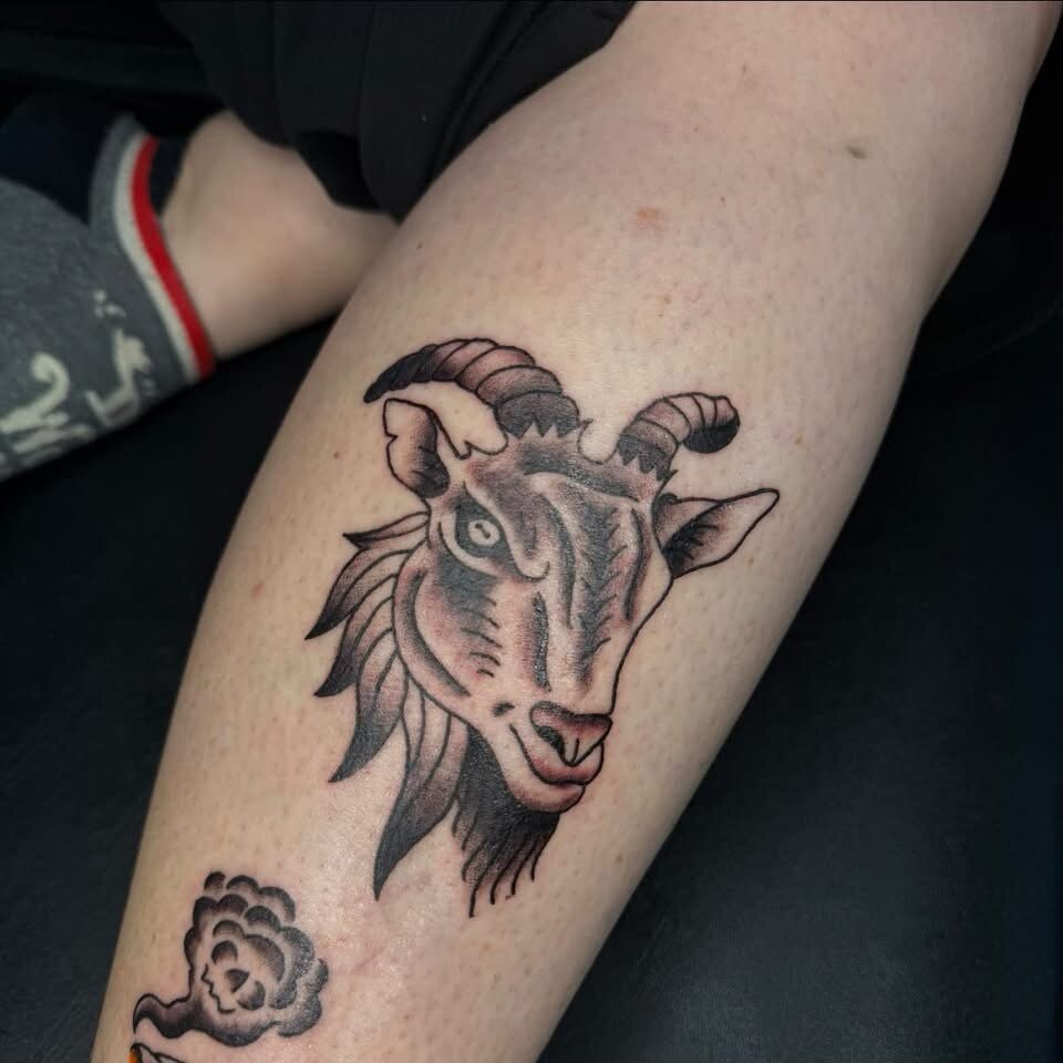 Traditional goat head tattoo by Elleneese