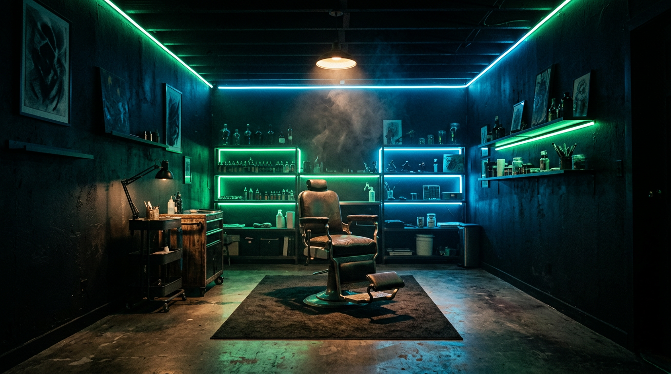 Dark, moody interior of Taste of Ink tattoo studio with neon green and blue lighting